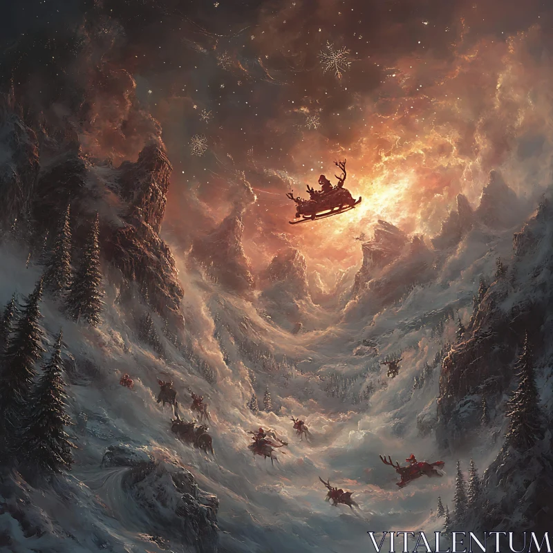 Santa Claus Flying Over Winter Wonderland AI Image