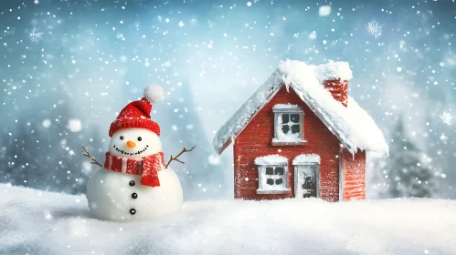 Snowman by a Cozy Red Cabin in Winter