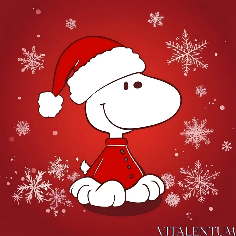 Cheerful Cartoon Dog in Holiday Attire Surrounded by Snowflakes AI Image