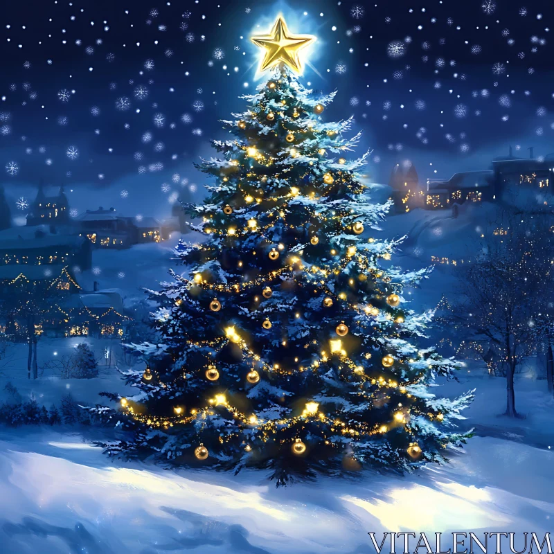 Magical Christmas Tree with Glowing Decorations AI Image