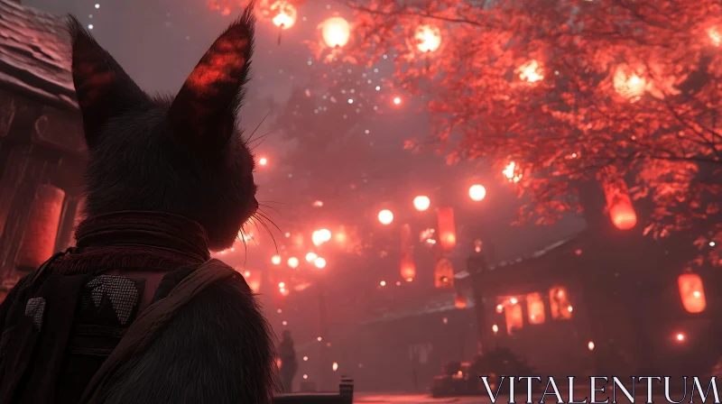 Lantern-Lit Cat in Traditional Village AI Image