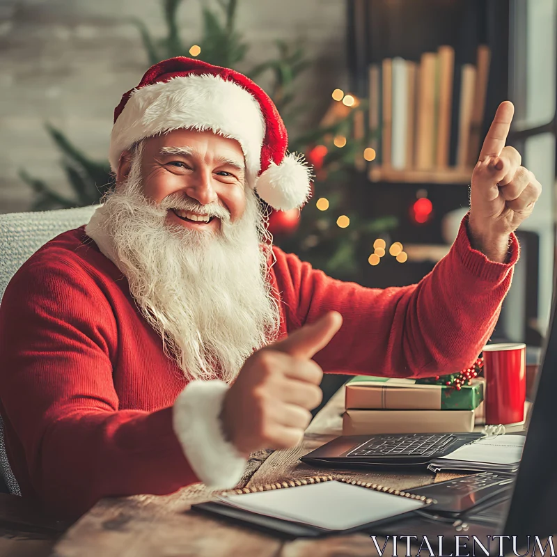 Happy Santa Claus Spreading Holiday Cheer at Desk AI Image