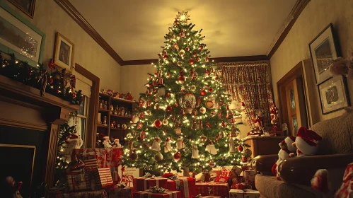 Festive Christmas Tree with Presents and Ornaments