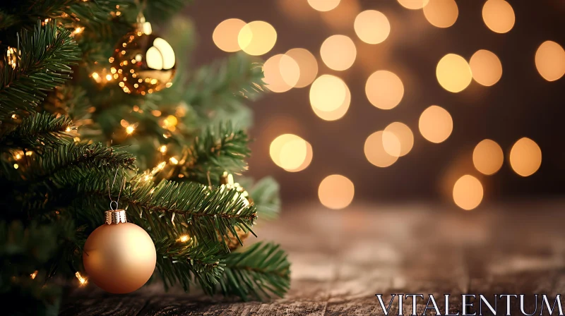 Golden Ornaments on Christmas Tree with Bokeh Lights AI Image