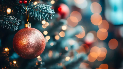 Festive Red Christmas Ornament on Pine Tree Branch