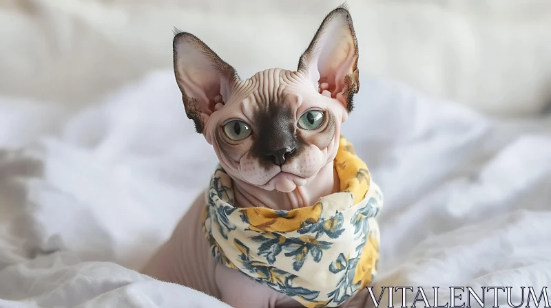 Charming Hairless Cat with Green Eyes in Colorful Scarf AI Image