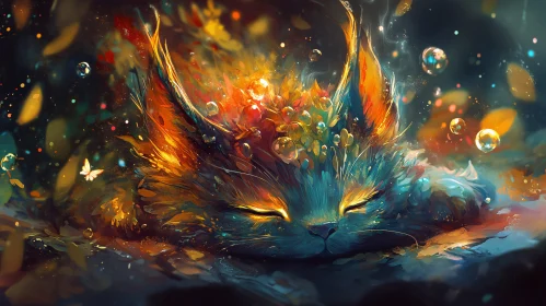 Dreamy Cat Surrounded by Colorful Bubbles