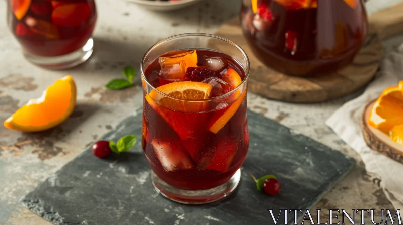 Captivating Glass of Red Wine Sangria with Orange Slices and Cranberries AI Image