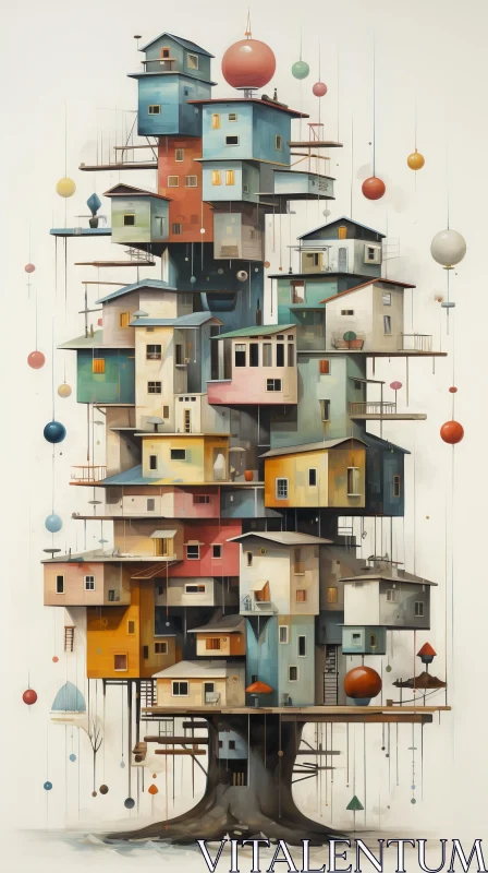 Captivating Surrealism: Tree of Houses Painting AI Image
