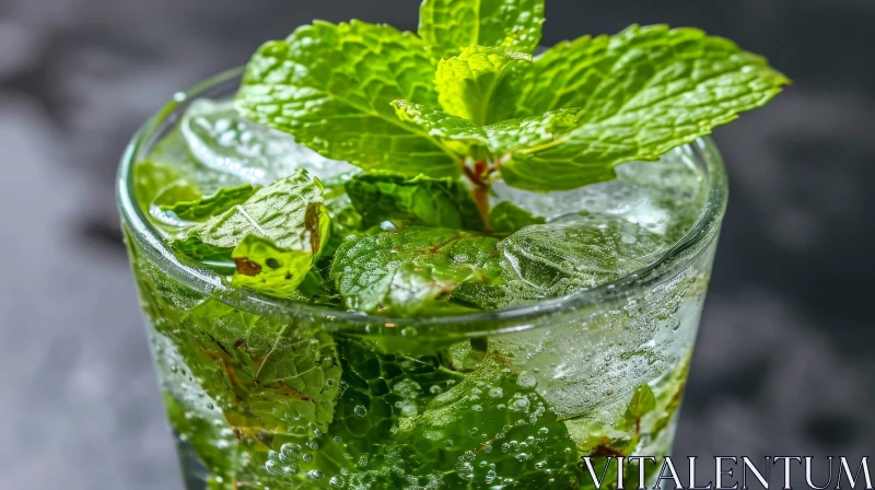 Close-up Glass of Water with Ice and Mint Leaves AI Image