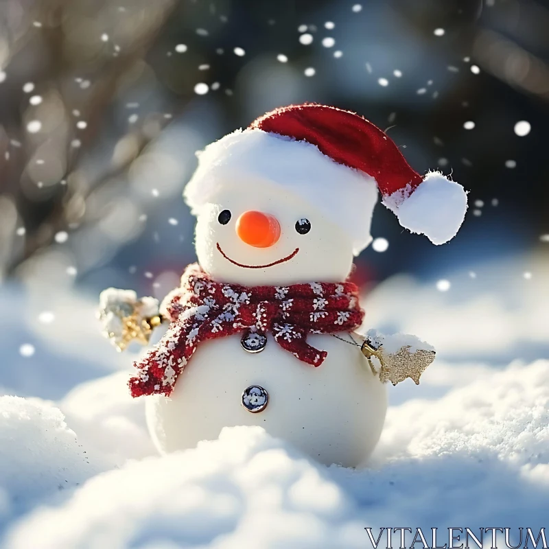 AI ART Festive Snowman with Santa Hat in Snowy Setting