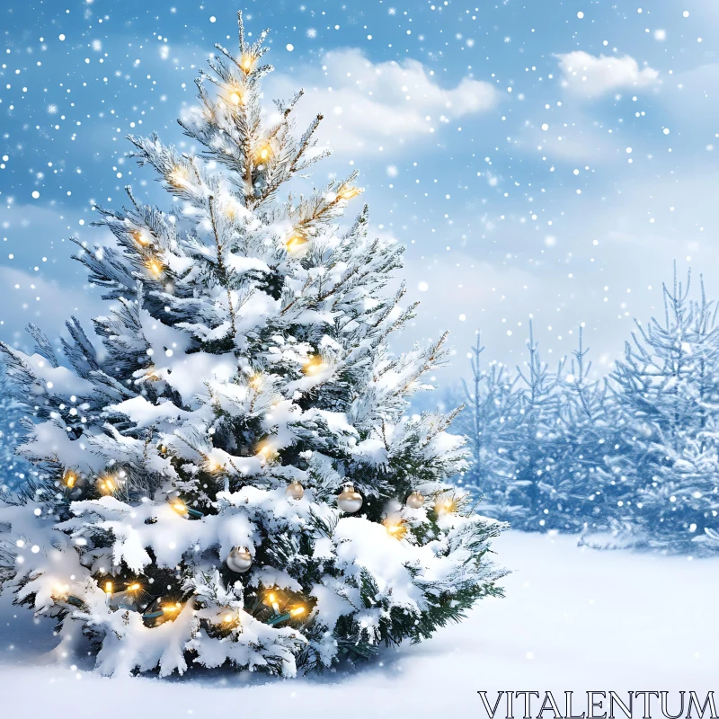 Snow-covered Christmas Tree with Golden Lights AI Image