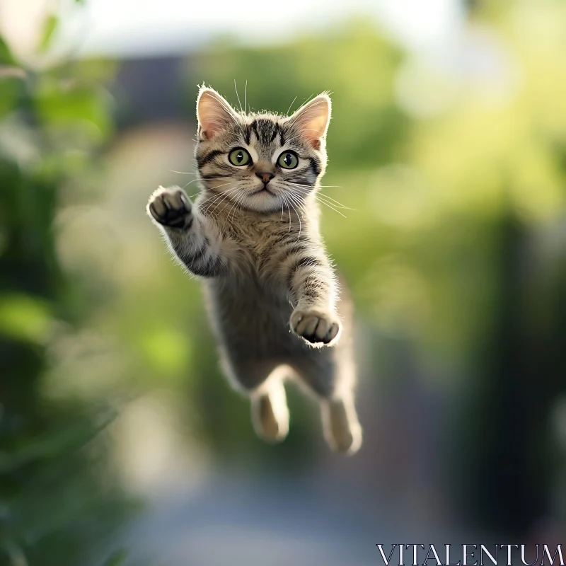 Leaping Tabby Kitten in Nature AI Image