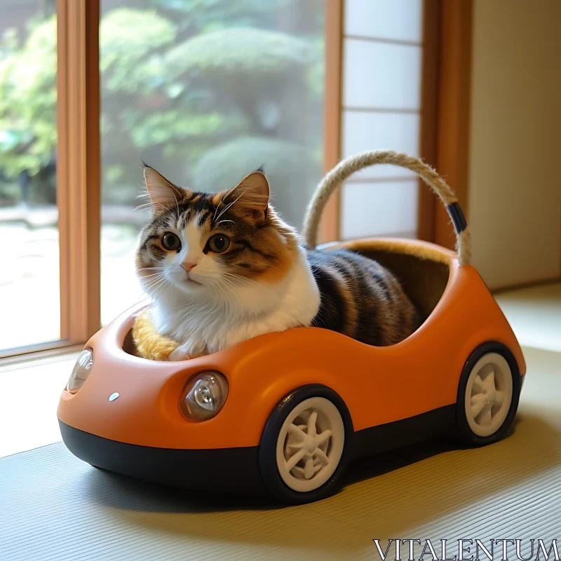 Fluffy Cat in Orange Toy Car Near Window AI Image