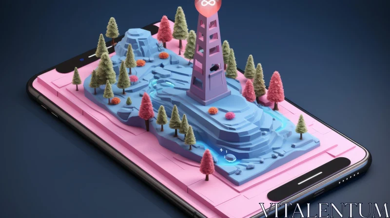Innovative 3D Smartphone Illustration with Isometric Landscape AI Image