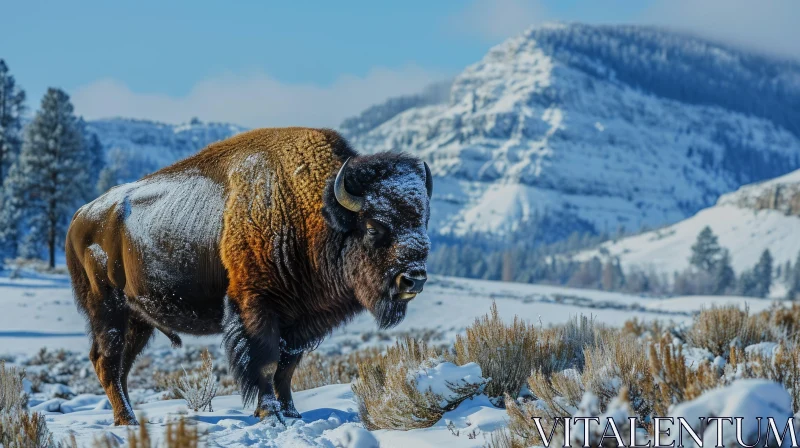 Majestic Bison in Snow-Covered Field with Mountain Background AI Image