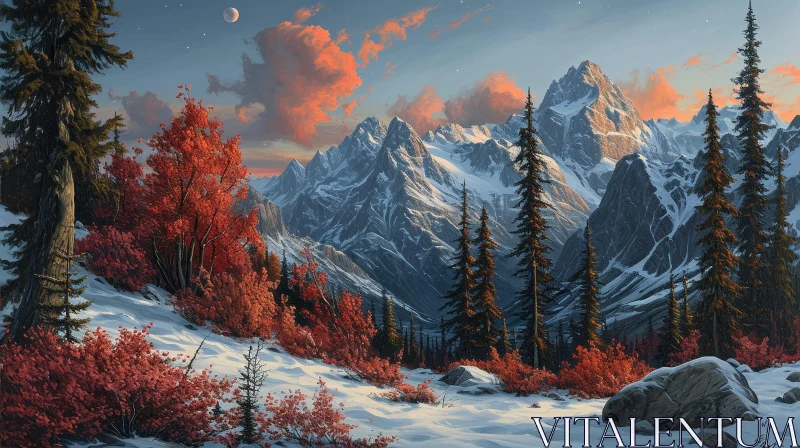 Snow-Capped Mountains Landscape Painting with Serene Forest AI Image