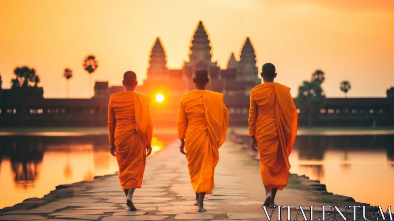 Sunset: Three Monks Walking Down a Path in Cambodian Art Style AI Image