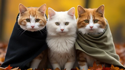 Three Cats on Autumn Leaves
