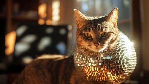 Cat and Disco Ball Sparkling in Evening Sun