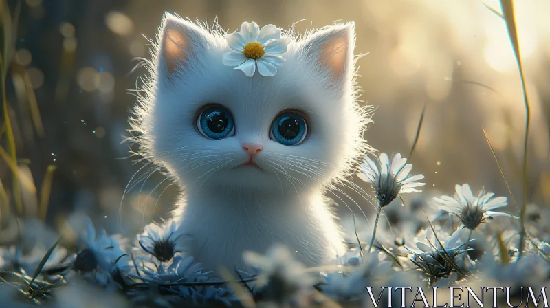 AI ART Charming Kitten in Nature with Daisies and Sunlight