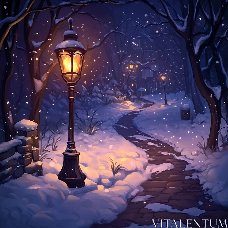 Snowy Evening Trail with Warm Lit Lampposts AI Image