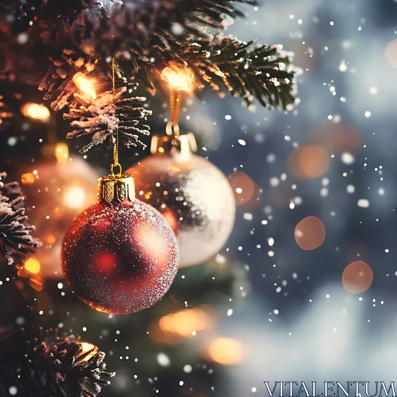 Festive Christmas Ornaments on Snowy Evergreen AI Image