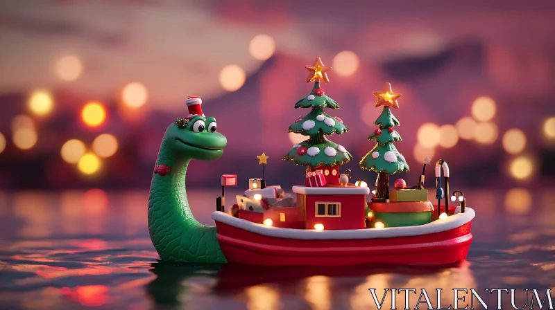 Cartoon Dragon Celebrating Christmas on Decorated Boat AI Image