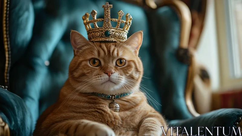 AI ART Royal Ginger Cat on Teal Throne