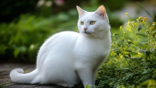 White Cat Amidst Greenery