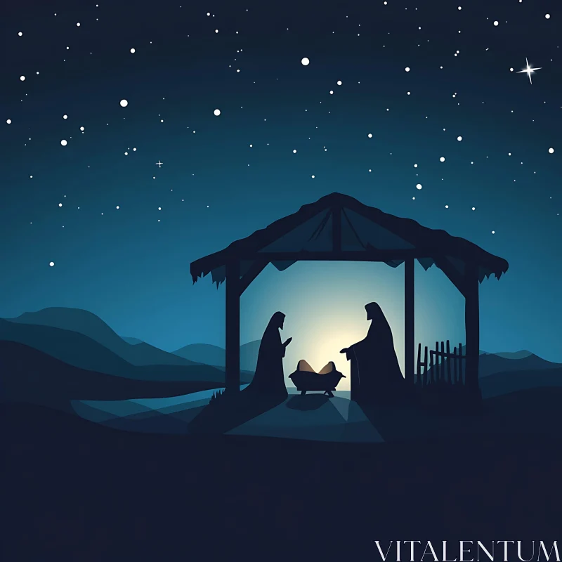 Peaceful Manger Scene with Starry Backdrop AI Image