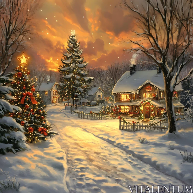 Charming Winter Holiday Scene with Decorated Cottage AI Image