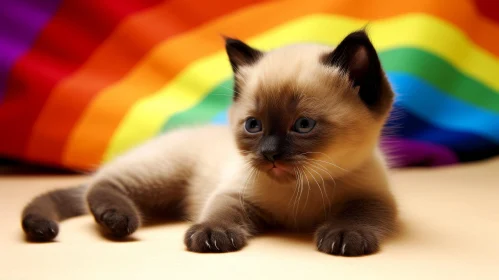 Adorable Siamese Kitten on Rainbow Background