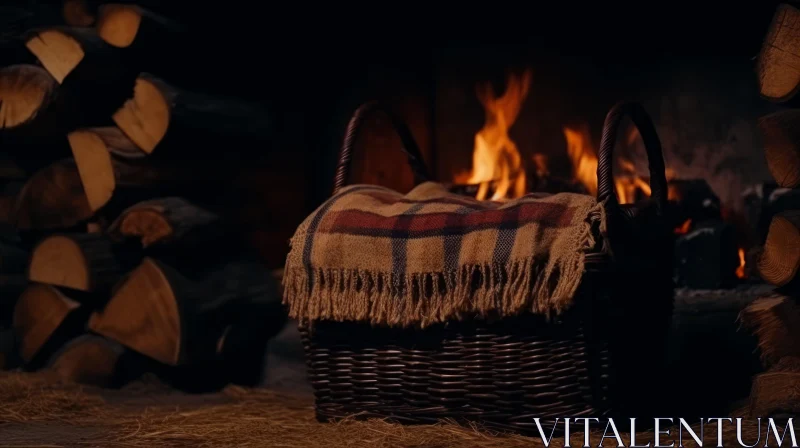 Basket with Blanket in Front of Winter Fire - UHD Image AI Image