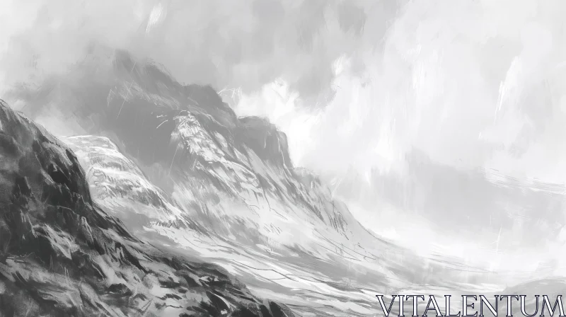 Beautiful Grayscale Landscape Painting with Snowy Mountains AI Image