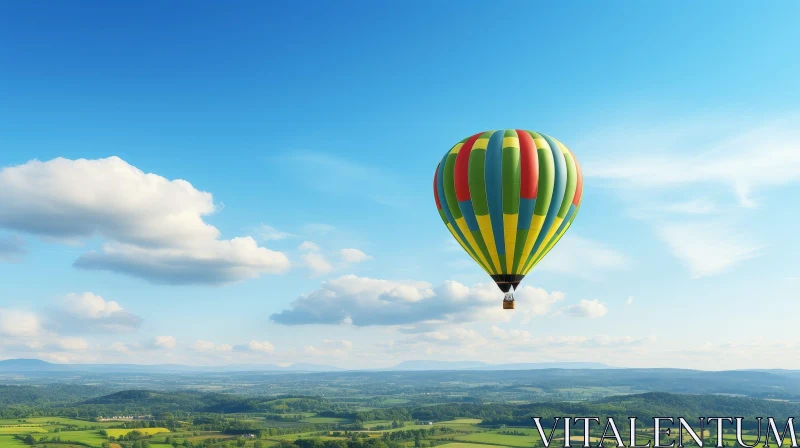 Colorful Hot Air Balloon Flight Over Green Landscape AI Image
