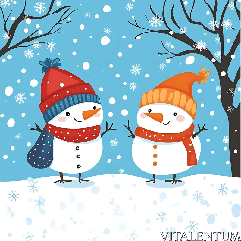 Snowy Scene with Joyful Snowmen AI Image