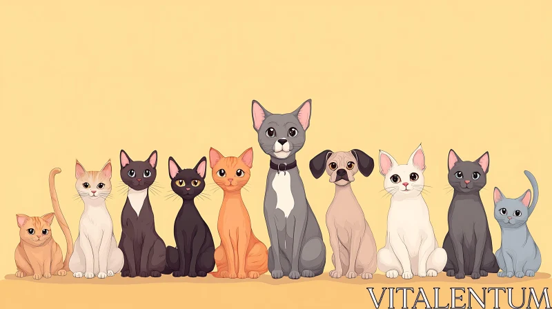 Group Portrait of Cats and Dogs Illustration AI Image