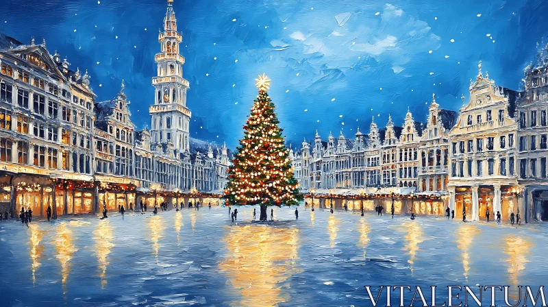 AI ART Festive Night in a Historic Square with Christmas Tree