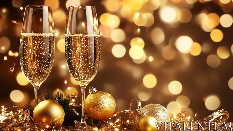 Festive Holiday Champagne and Ornaments AI Image