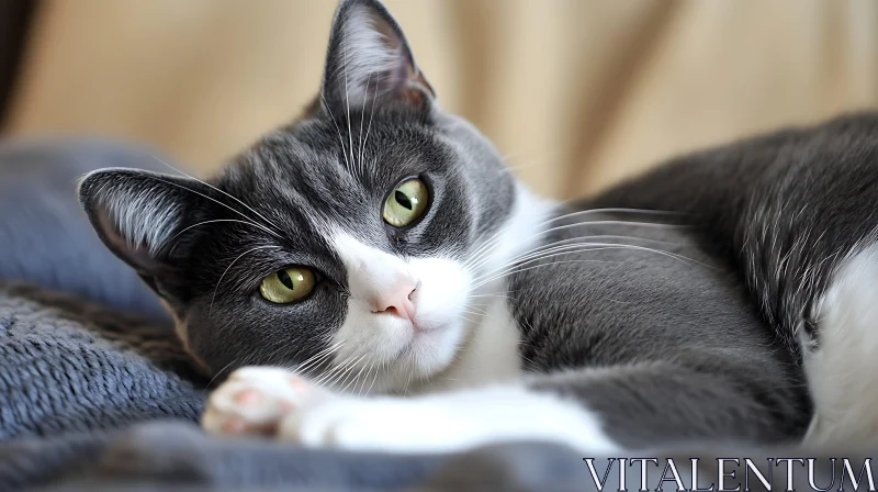 Serene Cat with Green Eyes Resting on a Blue Blanket AI Image