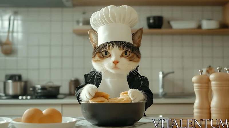 Feline Chef Prepares Dough in Stylish Kitchen AI Image