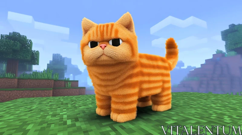 Adorable Orange Cat in Blocky Landscape AI Image