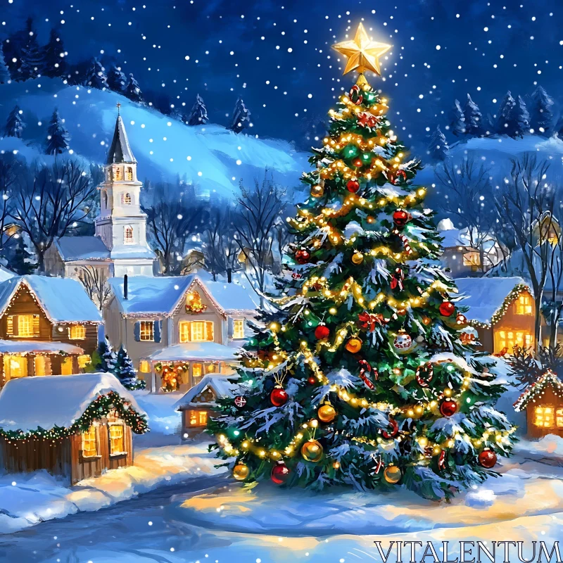 Magical Christmas Eve in a Snow-Covered Village AI Image