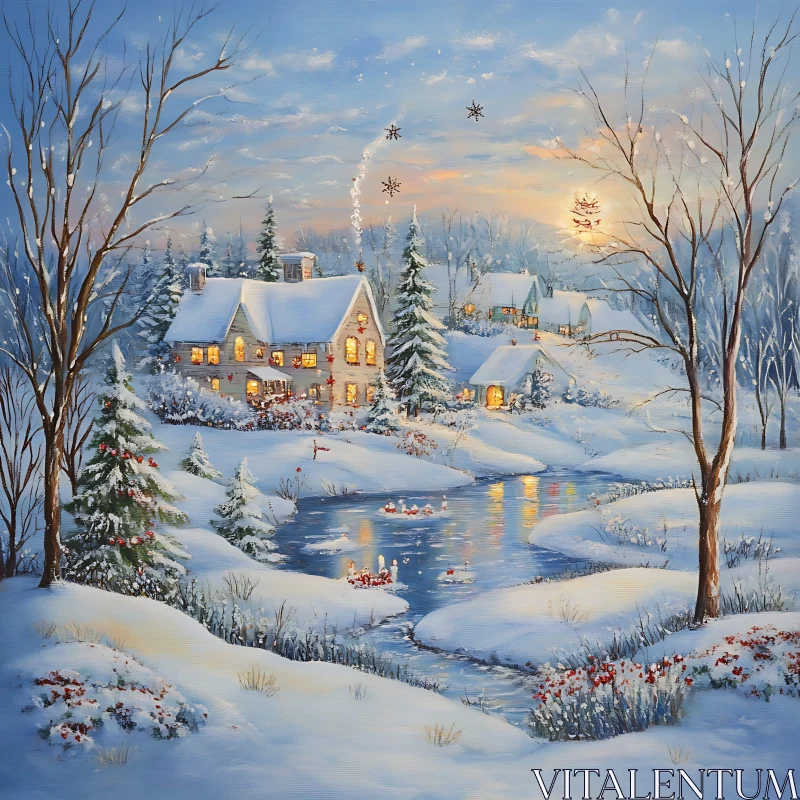 Peaceful Snowy Winter Scene with Cottages and Festive Cheer AI Image