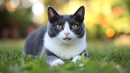 Curious Grey and White Cat Resting Outdoors on Fresh Grass