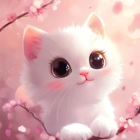 Cute White Kitten Amidst Pink Blossoms