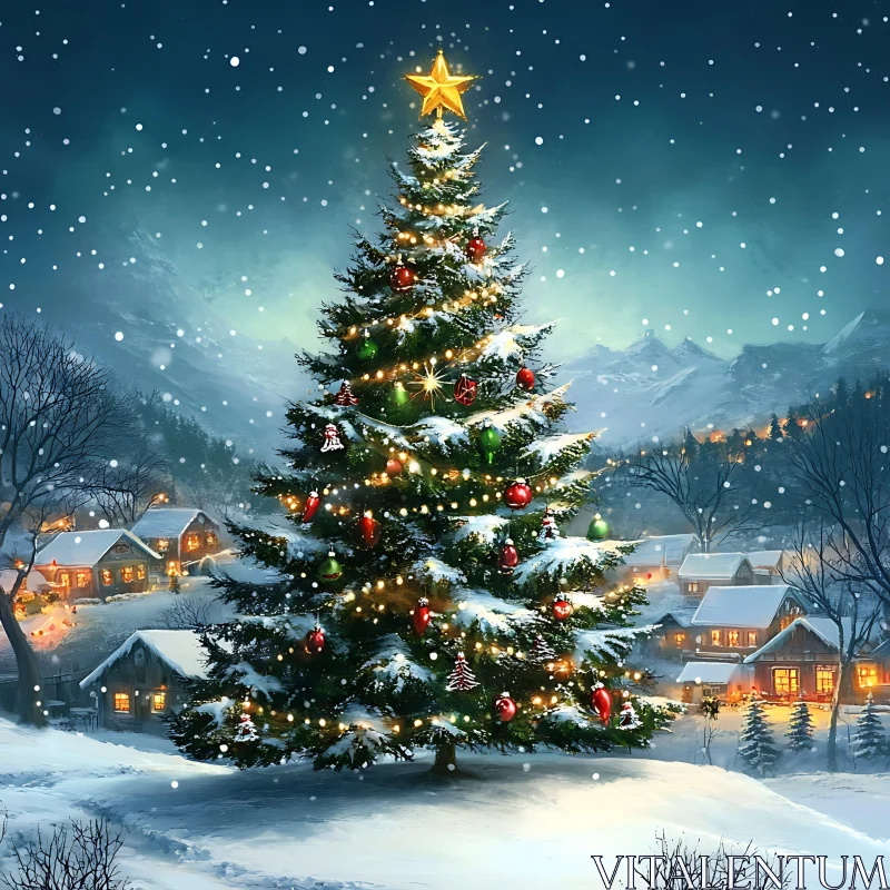 Festive Snowy Village and Illuminated Christmas Tree AI Image