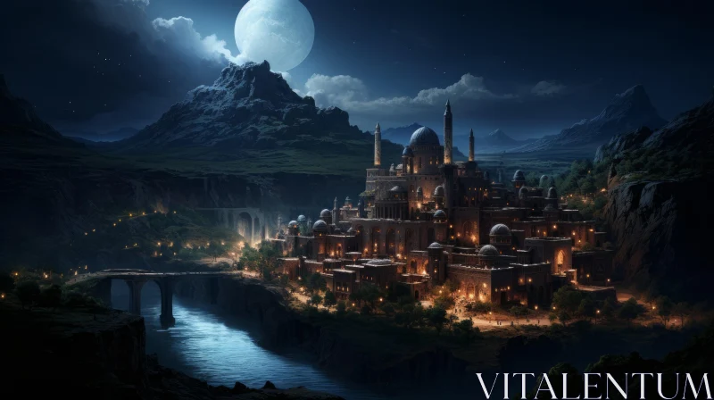 Fantasy Castle by the River: A Captivating Night Scene AI Image