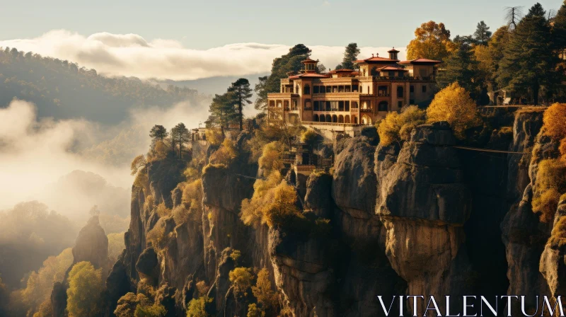 Mountain Villa with Frosty Trees on Cliffs - Byzantine-inspired Art of Burma AI Image